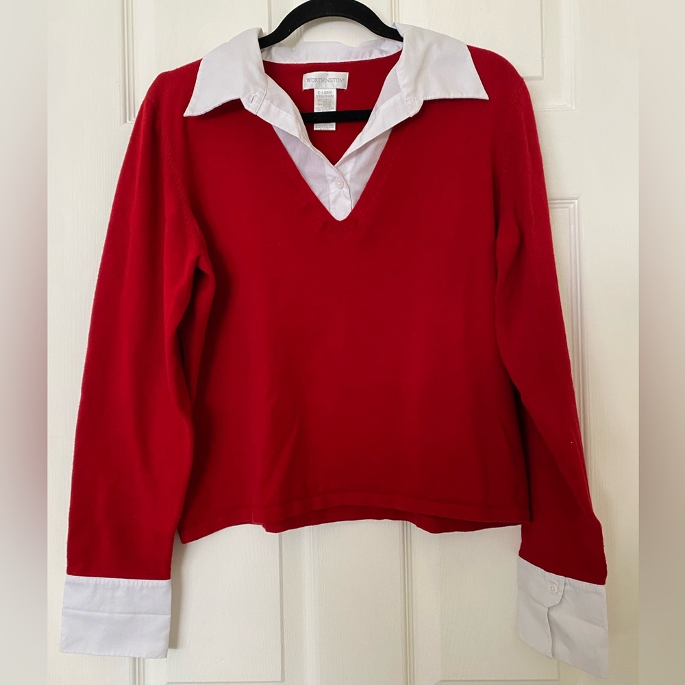 Worthington Red V-Neck Sweater with White Collar
